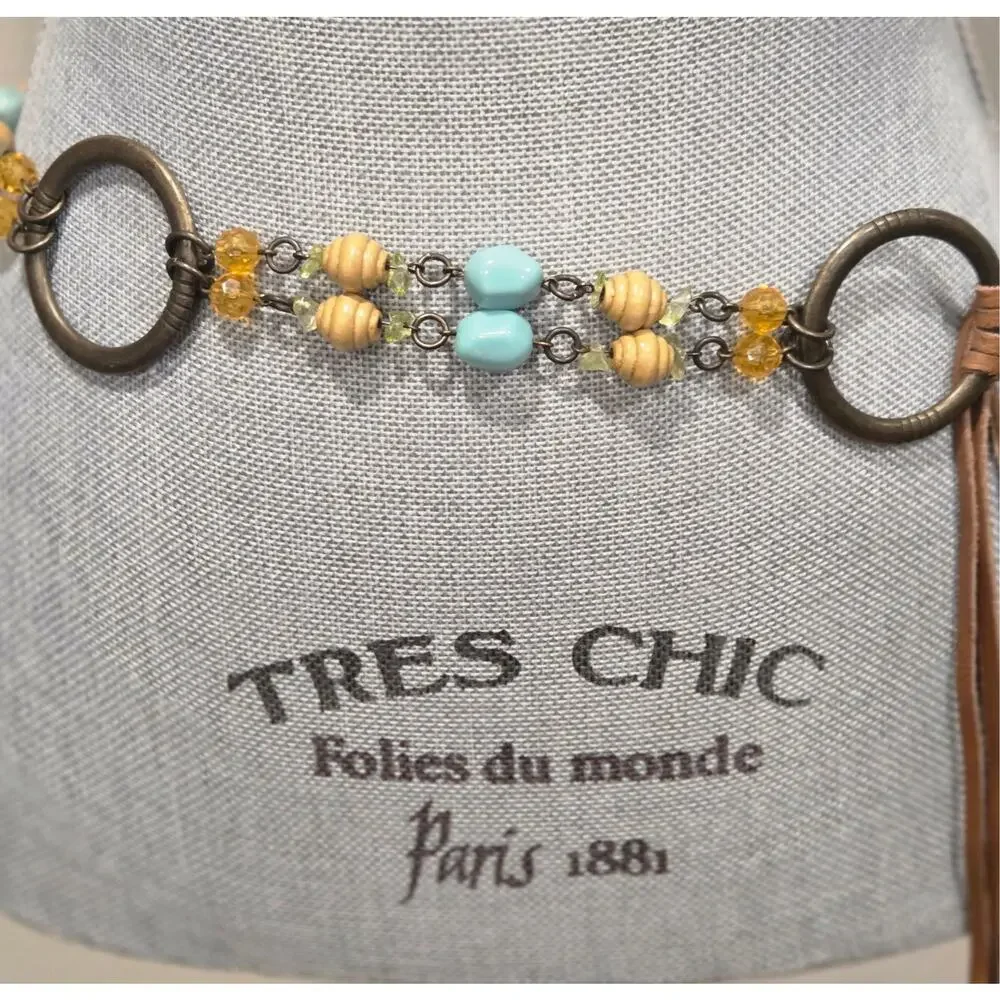 Boho Beaded Chain Belt Leather Fringe Turquoise Wood Beads Antique Gold Western